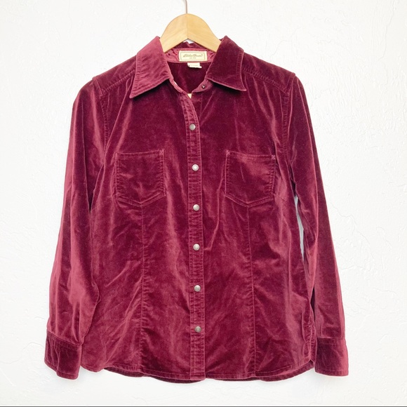 Eddie Bauer Velvet Snap Front Maroon Shirt M - Picture 1 of 7